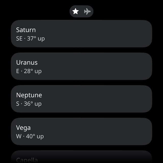 The Find list: Saturn, south-east 37 degrees up; Uranus, east 28 degrees up; Neptune, south 36 degrees up; Vega, west 40 degrees up.
