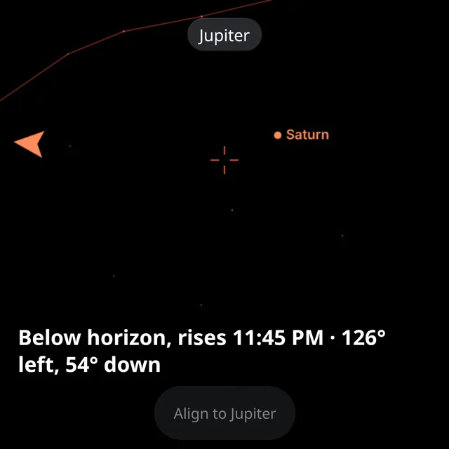 Guiding to Jupiter, with an arrow at the left edge and the text Below horizon, rises 11:45 PM, 126 degrees left, 54 degrees down.