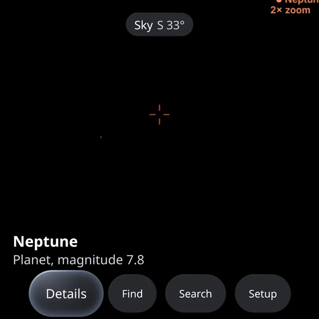Zoomed in to 2 times on Neptune: the card reads Neptune, planet, magnitude 7.8.